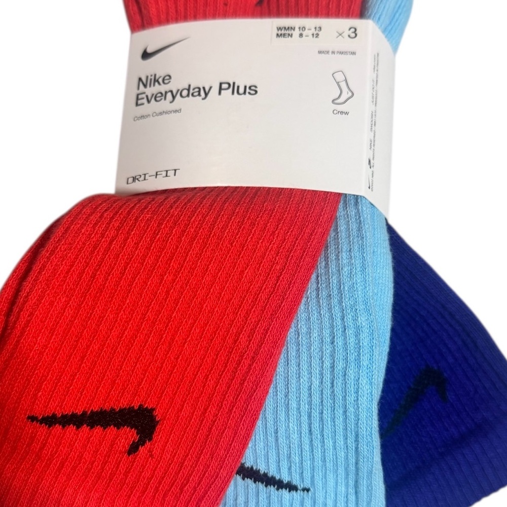 Nike Everyday Plus Cushioned Sporty Crew Socks Red Blue Light Blue Large 3 Pack